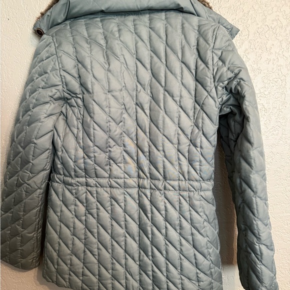 Eddie Bauer Sea Foam Gray Goose Down Quilted Puffer Jacket with Faux Fur Collar - Picture 6 of 8